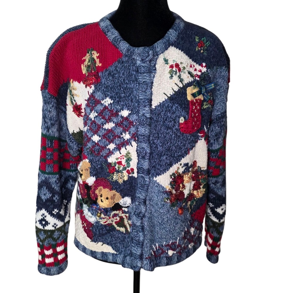 Vintage Ugly Christmas Cardigan Sweater Teddy Bear Stocking Wreath Patchwork M